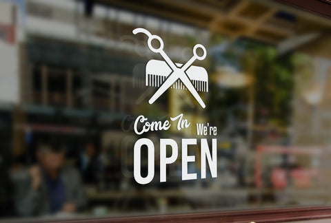 B15 - Bespoke barbers open sign, vinyl cut window sticker, contour cut, for commercial windows/glass or walls