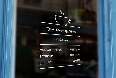 C15 - Bespoke company name & opening hours, vinyl cut window sticker, contour cut, for commercial windows/glass or walls.