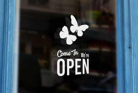 G8 - Bespoke florist 'come in we're open' sign , vinyl cut window sticker, contour cut, for commercial windows/glass or walls.
