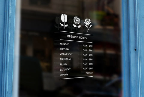 G19 - Bespoke flowers silhouette opening hours, vinyl cut window sticker, contour cut, for commercial windows/glass or walls.