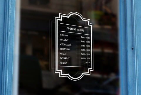 J1 - Bespoke framed opening hours, vinyl cut window sticker, contour cut, for commercial windows/glass or walls.
