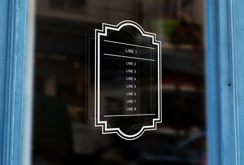 J1 - Bespoke framed opening hours, vinyl cut window sticker, contour cut, for commercial windows/glass or walls.