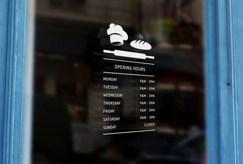 BK6 - Bespoke bread, rolling pin silhouette opening hours, vinyl cut sticker, contour cut, for commercial windows/glass