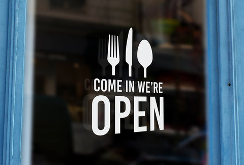 TR15 - Bespoke restaurant open sign, vinyl cut window sticker, contour cut, for commercial windows/glass or walls.