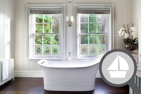 Bespoke cut out boat, custom, decorative frosted bathroom window film.
