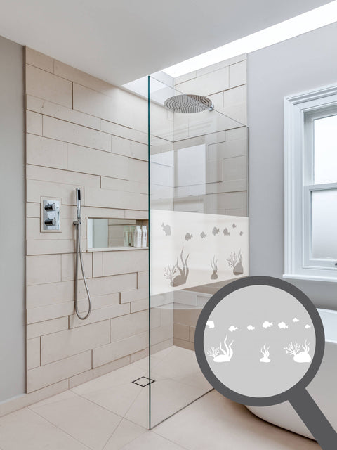 Bespoke cut out underwater scene, custom, decorative frosted bathroom window film.