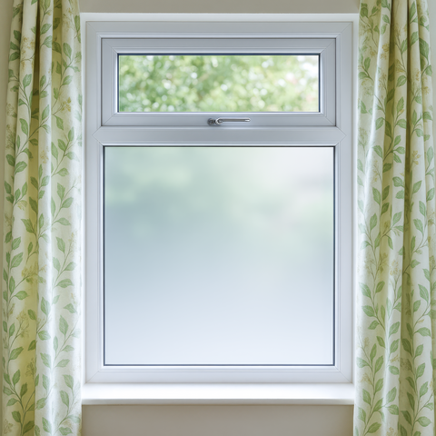 White frosted window film applied to the lower pane of a double-glazed window, providing privacy while allowing natural light through. Surrounded by cream curtains with green leaf patterns, ideal for home use in bathrooms, bedrooms, or living spaces.