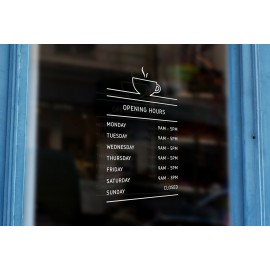 C14 - Bespoke coffee cup silhouette opening hours, vinyl cut window sticker, contour cut, for commercial windows/glass or walls.