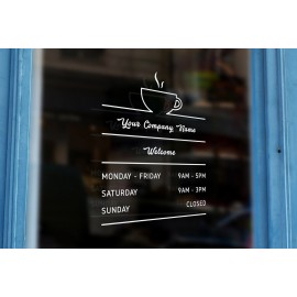 C15 - Bespoke company name & opening hours, vinyl cut window sticker, contour cut, for commercial windows/glass or walls.