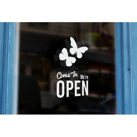 G8 - Bespoke florist 'come in we're open' sign , vinyl cut window sticker, contour cut, for commercial windows/glass or walls.