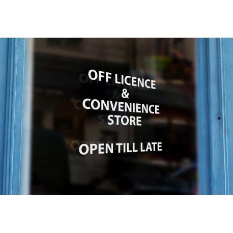 LS9- Bespoke 'Off licence, Open till late', vinyl cut window sticker, contour cut, for commercial windows/glass or walls.