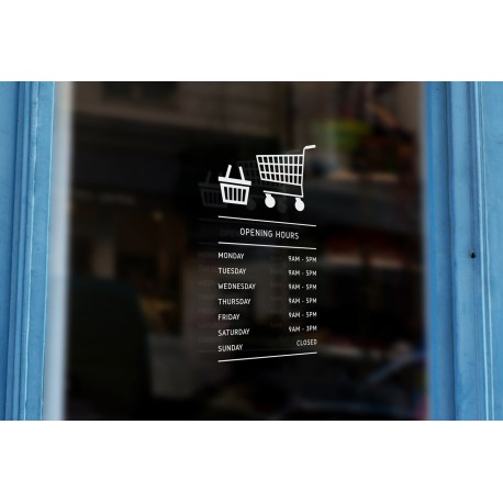 LS13 - Bespoke shopping trolley/basket silhouette opening hours, vinyl cut window sticker, contour cut, for commercial windows