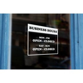 LS15 - Bespoke business hours & opening hours, vinyl cut window sticker, contour cut, for commercial windows/glass or walls.