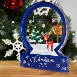 Blue Novelty Reindeer Christmas Snow Globe Acrylic Themed Ornament Bespoke Gift