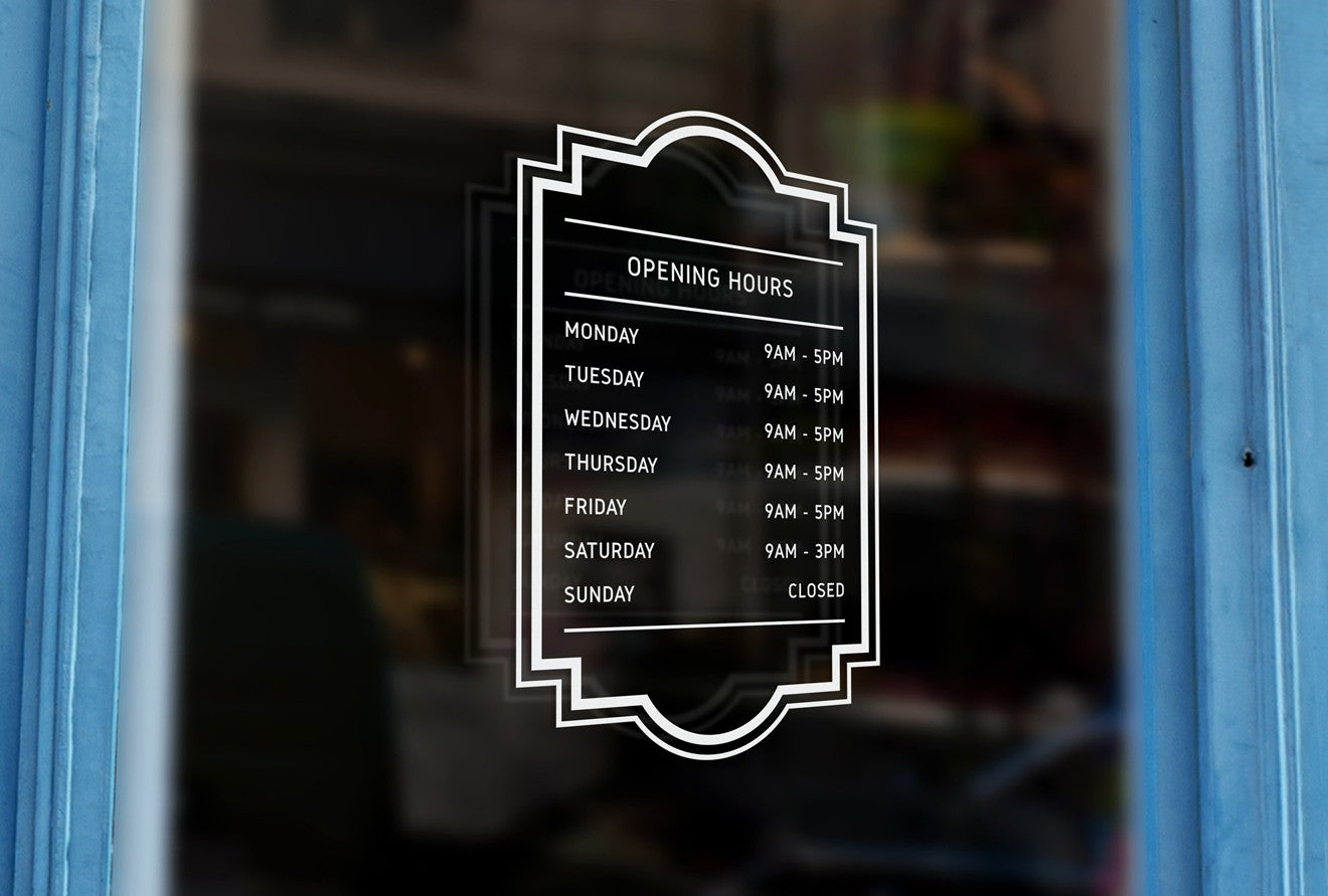 J1 - Bespoke framed opening hours, vinyl cut window sticker, contour ...
