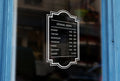 J1 - Bespoke framed opening hours, vinyl cut window sticker, contour cut, for commercial windows/glass or walls.