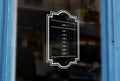 J1 - Bespoke framed opening hours, vinyl cut window sticker, contour cut, for commercial windows/glass or walls.
