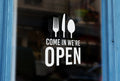 TR15 - Bespoke restaurant open sign, vinyl cut window sticker, contour cut, for commercial windows/glass or walls.