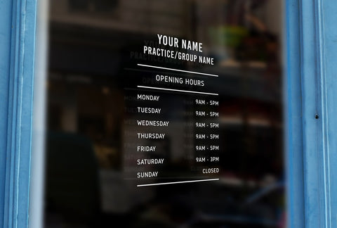 D16  - Bespoke dental/gp opening hours, vinyl cut window sticker, contour cut, for commercial windows/glass or walls.