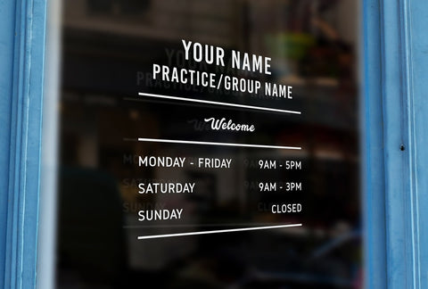 D17 - Bespoke company name & opening hours, vinyl cut window sticker, contour cut, for commercial windows/glass or walls.