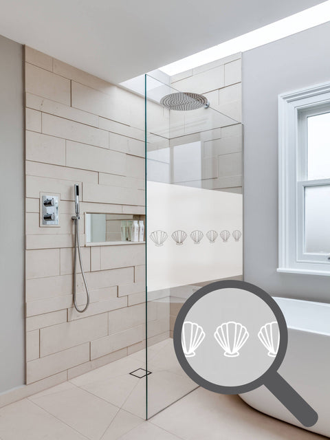 Bespoke cut out sea shell repeated pattern, custom, decorative, frosted bathroom window film.