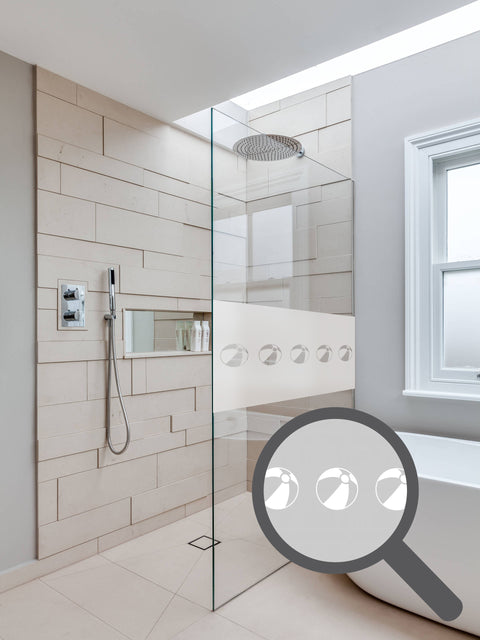 Bespoke cut out beach ball repeated pattern, custom, decorative, frosted bathroom window film.