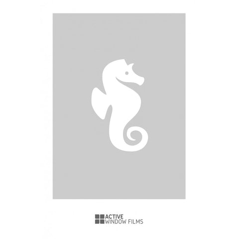 Bespoke cut out seahorse, custom, decorative frosted bathroom window film.