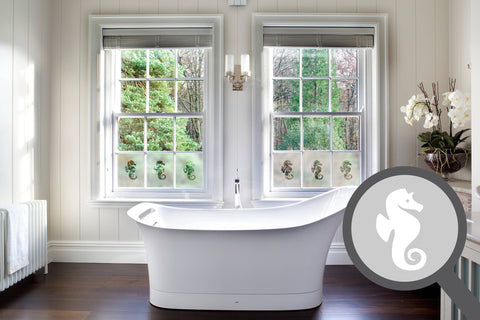 Bespoke cut out seahorse, custom, decorative frosted bathroom window film.
