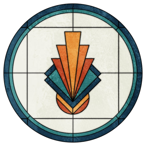 Art Deco Stained Glass Window Film – Teal, Orange & Gold Geometric Privacy Film