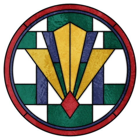 Art Deco Stained Glass Window Film – Green, Gold & Red Geometric Privacy Film