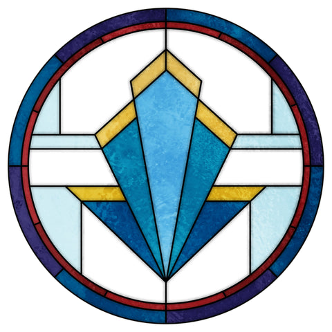 Art Deco Stained Glass Window Film – Blue & Gold Geometric Privacy Film