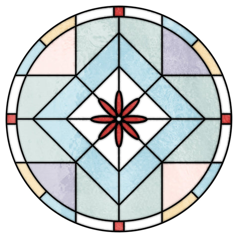 Contemporary Stained Glass Window Film – Frosted Geometric Privacy Film with Red Floral Detail