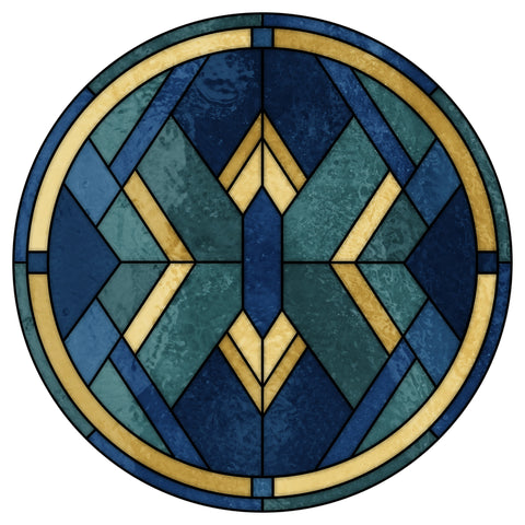 Art Deco Stained Glass Window Film – Blue, Teal & Gold Geometric Privacy Film