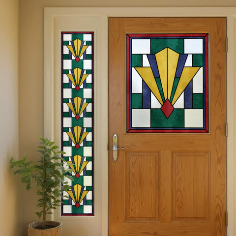 Art Deco Stained Glass Window Film – Green, Gold & Red Geometric Privacy Film