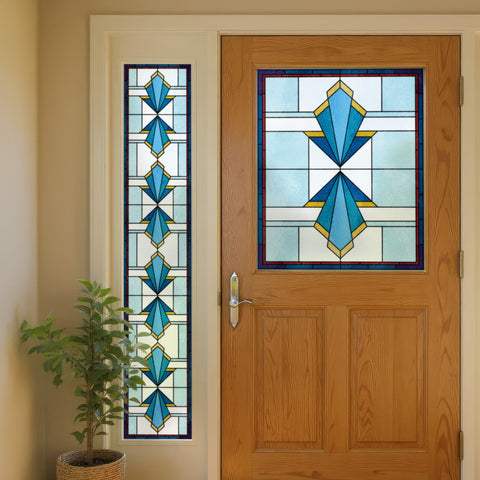 Art Deco Stained Glass Window Film – Blue & Gold Geometric Privacy Film