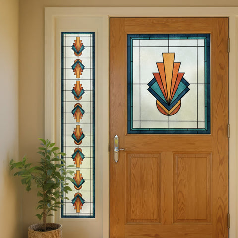 Art Deco Stained Glass Window Film – Teal, Orange & Gold Geometric Privacy Film