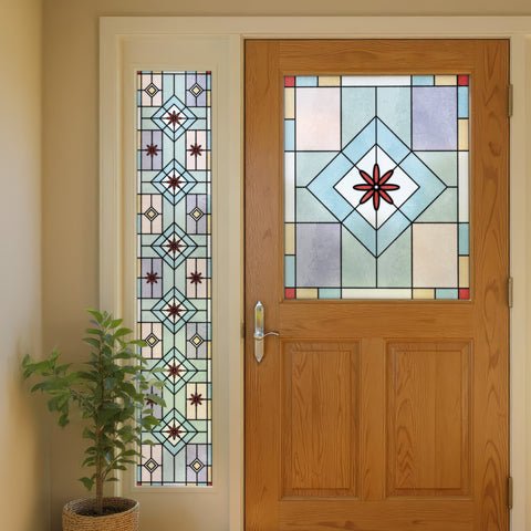 Contemporary Stained Glass Window Film – Frosted Geometric Privacy Film with Red Floral Detail