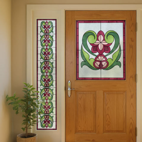 Art Nouveau Floral Stained Glass Window Film – Pink & Green Privacy Film