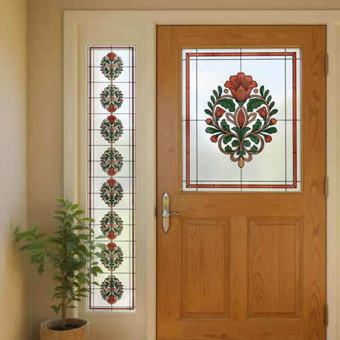 Art Nouveau Floral Stained Glass Window Film – Orange & Green Privacy Film