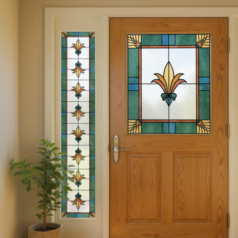 Art Deco Stained Glass Window Film – Green, Teal & Gold Floral Privacy Film