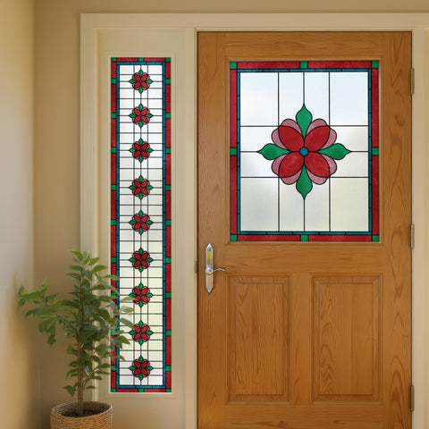 Art Nouveau Floral Stained Glass Window Film – Red & Green Privacy Film