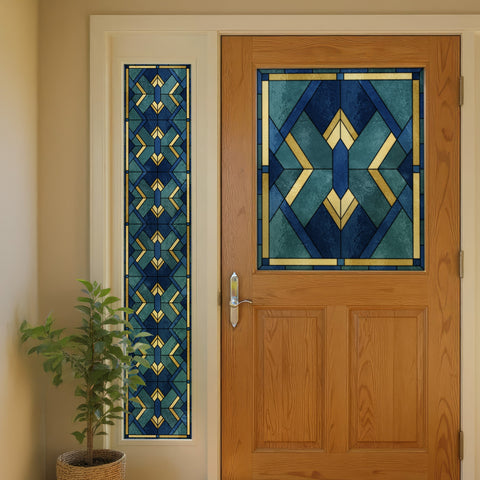 Art Deco Stained Glass Window Film – Blue, Teal & Gold Geometric Privacy Film