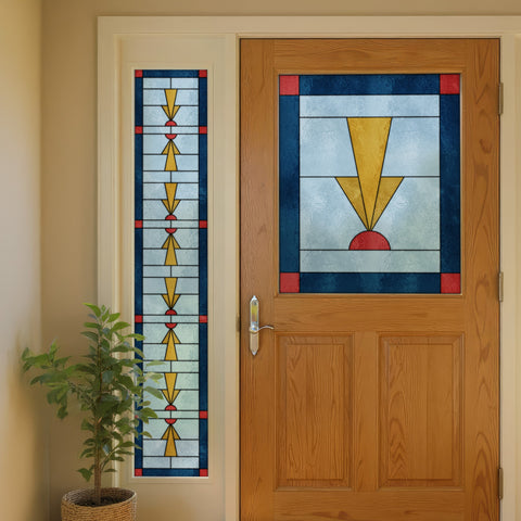 Art Deco Stained Glass Window Film – Blue, Gold & Red Geometric Privacy Film