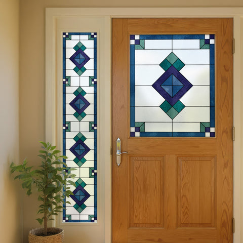 Art Deco Stained Glass Window Film – Blue, Teal & Purple Geometric Privacy Film