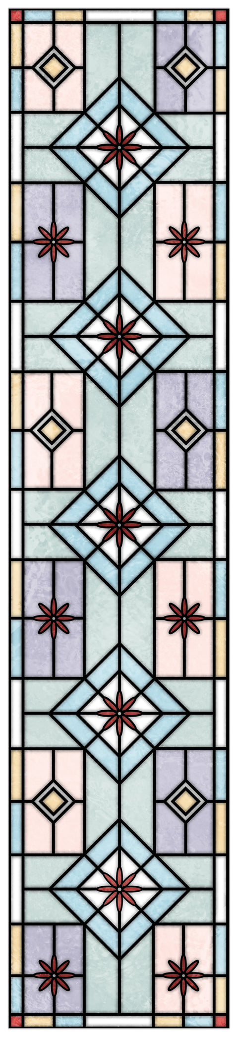 Contemporary Stained Glass Window Film – Frosted Geometric Privacy Film with Red Floral Detail