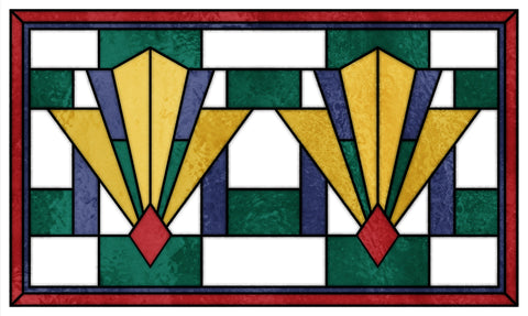 Art Deco Stained Glass Window Film – Green, Gold & Red Geometric Privacy Film