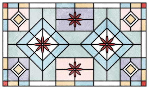 Contemporary Stained Glass Window Film – Frosted Geometric Privacy Film with Red Floral Detail