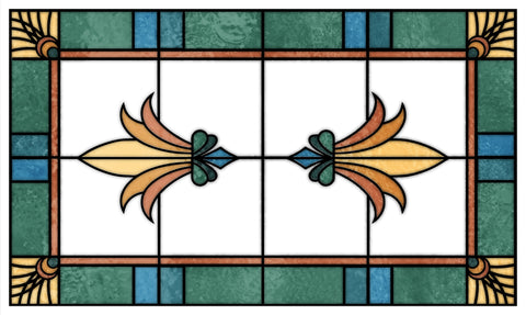 Art Deco Stained Glass Window Film – Green, Teal & Gold Floral Privacy Film