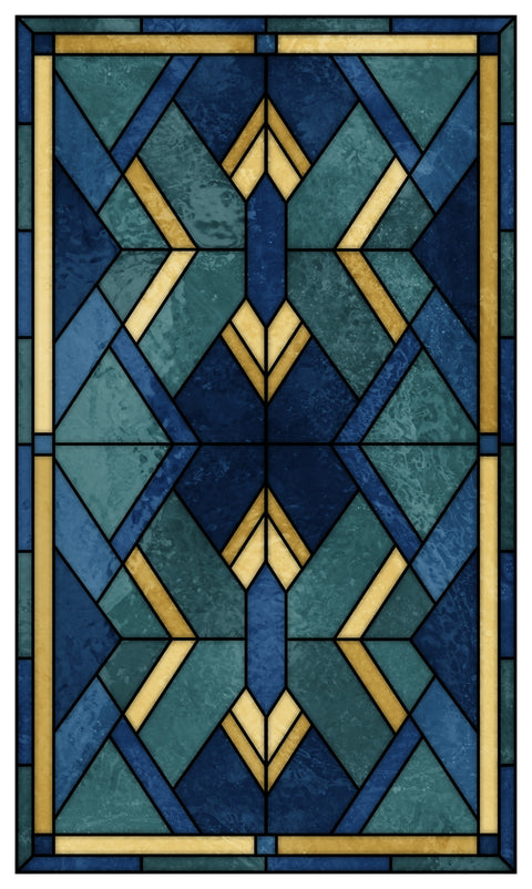 Art Deco Stained Glass Window Film – Blue, Teal & Gold Geometric Privacy Film