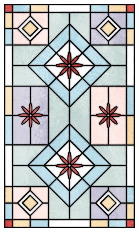 Contemporary Stained Glass Window Film – Frosted Geometric Privacy Film with Red Floral Detail